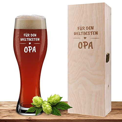 Deitert Weizenglas mit Motiv 'Weltbester Opa' inklusive Geschenkbox aus Holz, Bierglas 0,5 Liter mit gravierter Holzbox, Geschenk zum Geburtstag, personalisiertes Weißbierglas