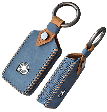 HIBEYO Leather Smart Key Fob Case Compatible with Volvo XC40 XC60 XC90 S90 V90 Car Key Fob Cover Remote Keyless Entry Full Protection Shell 2019 2021 Keychains Auto Accessories Holder Protector-Bule