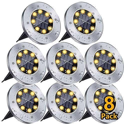 Solar Outdoor Garden Ground Lights, 8 LED Waterproof Patio Disk Lights, In-Ground Landscape Lighting, Floor Path Lights for Walkway, Lawn, Steps Decks, Pathway Yard Stairs Fences, Warm White (8 Pack)