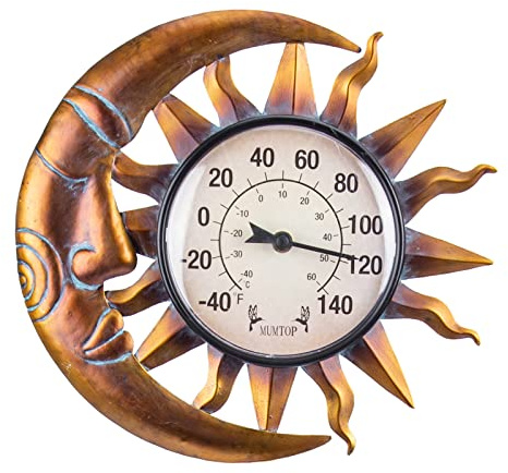Outdoor Thermometer für Terrasse - Wandthermometer Indoor Outdoor Thermometer mit Gartenstecker für Haus und Garten Dekor (Sonne und Mond) | Keine Batterie erforderlich, wasserdicht, für drinnen und draußen, leicht zu lesen, Gartendekoration, Geschenkidee
