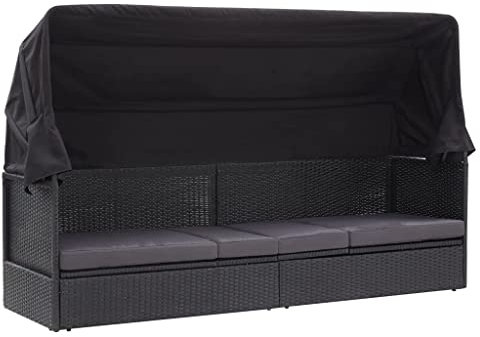 Hommdiy Gartensofa mit Sonnendach Sonnenliege Gartenliege Lounge Gartenbank Gartenbett Sofa Gartenmöbel Liege Relaxliege Sofabett Poly Rattan Schwarz