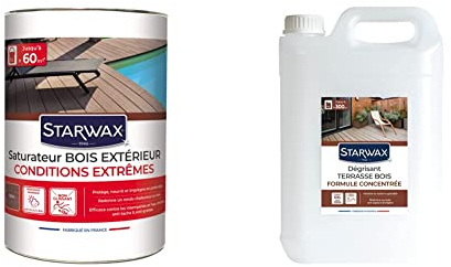 STARWAX Saturateur Haute Protection pour Terrasses en Bois Teck - 5L - Embellir et Protéger contre les intempéries & Dégrisant Concentré pour Terrasse en Bois - 5L - Adapté aux Terrasses en Bois