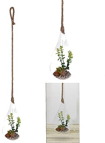 Glass Hanging Planter Plant with Artificial Succulent Plants in Terrarium Glass Plant Pot Hanger Flower Vase for Home Decoration Indoor Outdoor Houseplant, Teardrop (Large Stem)