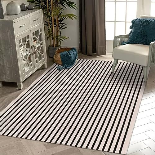 LEEVAN Waschbarer Teppich, 1.5x2.4 m, strapazierfähig, Wohnzimmerteppich, weicher Schlafzimmerteppich, schwarz-weiß gestreift, für Küche, Esszimmer, Spielzimmer, Schlammzimmer, Eingangsbereich
