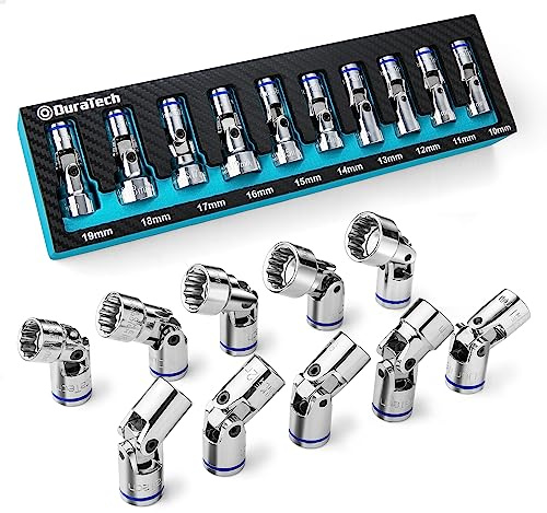 DURATECH 3/8 Drive Universal Joint Socket Set, Swivel Socket Set, 10-Piece, Metric, Size Covers 10-19mm, CR-V Steel, Organized in EVA Foam Organizer