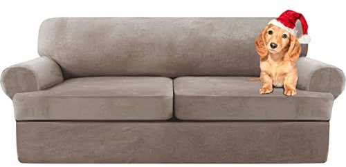 Sofa Cover,T Cushion Sofa Cover Velvet Non-Slip T Cushion 1/2/3 Seater Couch Cover with Individual T Cushion Seat Cover with Elastic Bands Furniture Slipcovers Protector (Taupe,2 Seater-3Pieces)