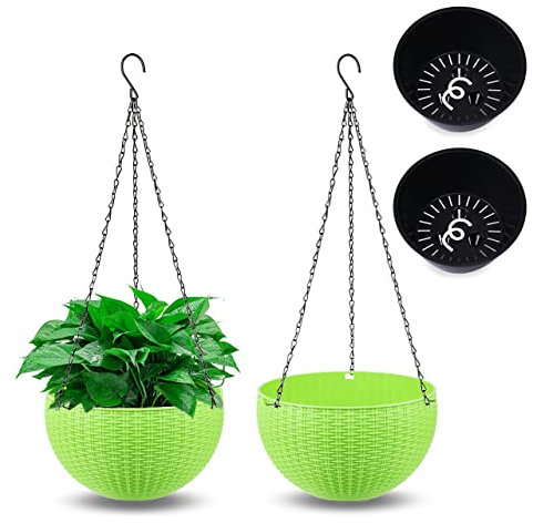 MissFox 2 Stück Blumentopf Hängend, Selbstbewässerung Blumenampel für Außen & Innen, Ø 21cm Hängende Blumentöpfe mit Rostfrei Ketten, Hängeblumentöpfe Plastik, Hängetopf für Pflanzen mit Ablaufloch