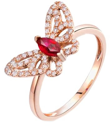 Freundschaftsringe Beste Freundinnen, Damenring 62 18 Karat Roségold Schmetterling Lab Rubin 0.24CT Rot Marquiseschliff VVS mit 52 Diamant 0.25Ct