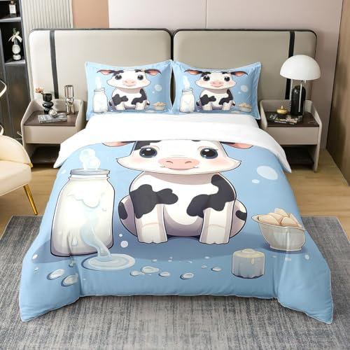 100% Bio-Baumwolle Kawaii Kuh Bettbezug Nette Weiße Schwarze Rinder Bettwäsche Set Milch Kuh Flecken Tröster Bezug Lustige Bauernhaus Tier Bettwäsche Abdeckung für Kinder,Schlafzimmer Dekor 200x200