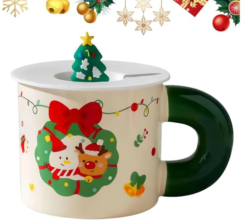 Vidillo Mugs et tasses à café de Noël 400ml Mug en céramique Mug à thé et café de Noël avec couvercle Tasse à thé durable Tasse à lait Tasse à café pour femmes Femme Maman Sa grand-mère Fille (Vert)