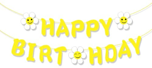 Bannière « Happy Birthday » marguerite jaune – Bannière d'anniversaire sur le thème des fleurs lumineuses, décoration d'anniversaire idéale pour enfants et adultes, panneau de décoration de fête