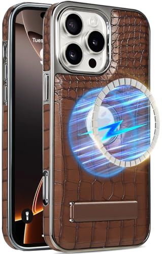 Wibrthz Leder Hülle für iPhone 16 Pro Max, Luxus -Krokodilmuster PU -Leder mit Kickstand, Luxuriöser Elektroplierter Kantenrahmen Schlanker Schocksicherer Stander Case für iPhone 16 Pro Max(Braun)