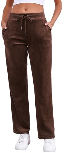 Pescool Pantalones de terciopelo para mujer, pierna recta, pantalones deportivos de terciopelo para mujer, pantalones de descanso de pierna ancha para mujer con bolsillos, Marrón, Medium