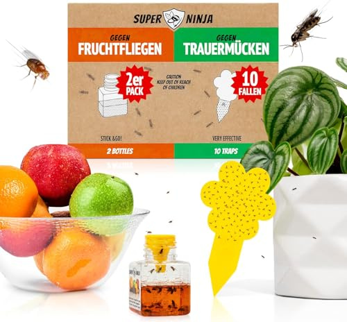 Super Ninja Anti Moucherons Intérieur – 2 Piege Moucherons Cuisine + 10 Attrape Moucheron Terreau, sans Toxines, Sûr pour Enfants et Animaux, Jusqu’à 3 Mois de Protection
