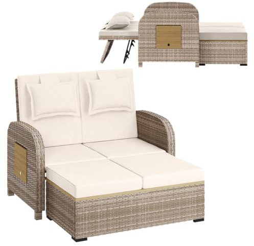 STEELSØN Caelum Sonnenliege 2 Personen, Beige, Rattan, Kissen, wetterfest | Loungebett, Doppelliege, Rückenlehne verstellbar, Seitentische ausklappbar, Gartenliege, Sonnenbett, Liegefunktion, Outdoor