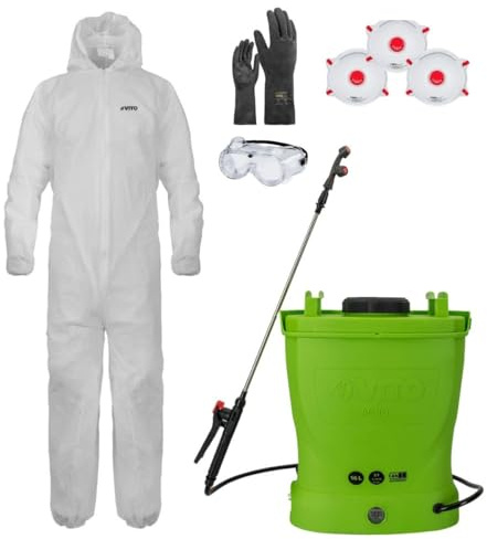 VITO - Pulverizador eléctrico con batería de 16 l + combinación de protección desechable para jardín + accesorios de protección y pulverización