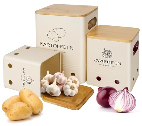 Mozvvco Kartoffel Aufbewahrungsbox, Aufbewahrung Kartoffeln Zwiebeln Knoblauch - 3er Set mit Bambusdeckel - Nistbar & Stapelbar für Küche, Speisekammer - Hält Gemüse Länger Frisch - Beige
