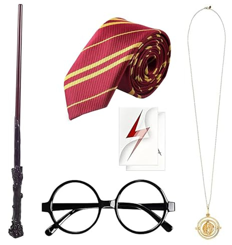 Viyohoh Wizard Costume Accessories Set, 6 Pcs Halloween Cosplay Props with Magic Wand Tie Necklace Eyeglas Frame, Wizard Accessories for World Book Day Party Cosplay