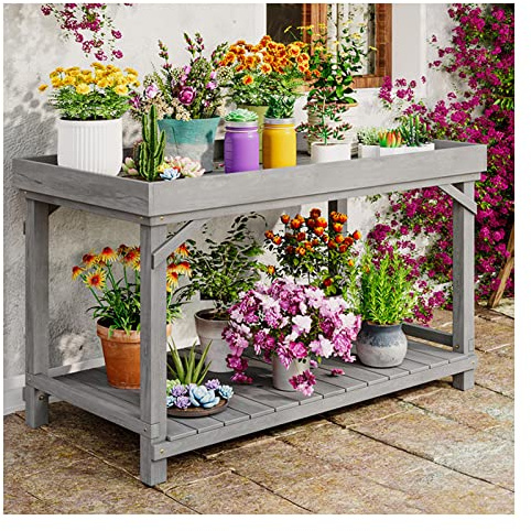 WOTZOV Blumenbank, Gartentopfbanktisch, 2-stöckiges Pflanzenregal, Blumentopf-Ausstellungsregal für drinnen und draußen, Pflanzgefäßhalter mit Mehreren Leitern,Grey 110x60x85cm