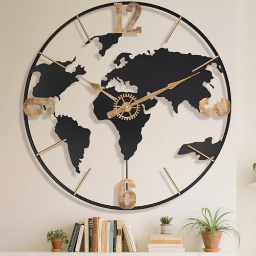 Pytha Sight 24 Inch Large Wall Clock,Modern Decorative Big World Map with Vintage Gold Arabic Numeral Extra Giant Metal Oversized Wall Clocks for Living Room,Office,Kitchen,Dining Room,Bedroom