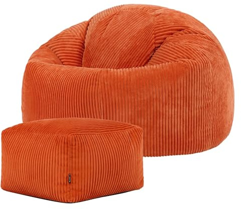 Icon Kingston Sitzsack mit Hocker Cord, Orange, Sitzsack Erwachsene mit Füllung, Bean Bag, Cord Sessel, Lounge Sessel, Lounge Stuhl, Schlafzimmer, Wohnzimmer, Wohnzimmer Möbel