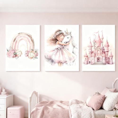 Zamety 3 bilder barnrum flicka rosa prinsessa 21 x 30 cm utan ram | Affisch barnrum, enhörning slott och regnbåge bilder babyrum, utan ram