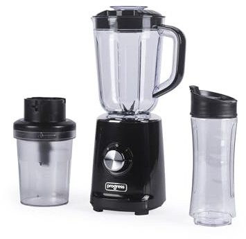 Progress 3 In 1 Jug Blender Set, 500W, 1.25L Jug | 450ml Chopping Bowl, 600ml BPA-Free Bottle With Easy-Drink Lid, Stainless Steel Blades, 2 Speeds Plus Pulse, Compact Storage