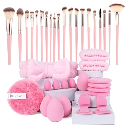 Vicloon Set de Brochas de Maquillaje, 40 Piezas Juego de Pinceles de Maquillaje Profesional con Beauty Blender, Soplos de Polvo, Diadema, Brochas de Primera Calidad Set para Fundación Corrector Rosa