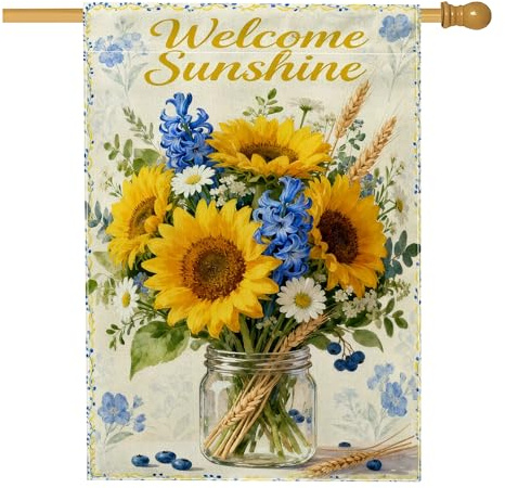 Drapeau de maison tournesol, jacinthe des bleues, chrysanthème, jaune printanier, double face, en toile de jute pour porche, extérieur, cour, pelouse, terrasse, porte, entrée, 71,1 x 101,6 cm