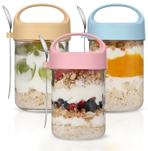 Bayseun Overnight Oats Jars, 3 Pack 480ml Glass Jar with Screw Lid Leakproof Overnight Oatmeal Container, Salad Jars, Yogurt Pot, for Homemade Cereals Milk Fruit Condiment Dressing (With Handle)