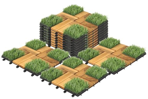 Holzfliesen Balkon mit Kunstrasen，Akazienholz Fliesen 30x30cm，Wetterfest Terrassenfliesen 1m²，Terassenplatten Außenbereich mit Klicksystem, Holzfliesen für Balkonboden, Terrasse, Garten（11 Stück）