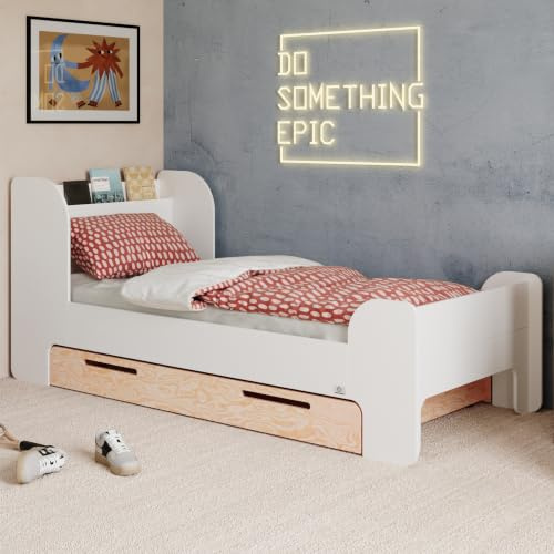 smartwood Cama Infantil 90x190 cm con Cajón, en Madera, Blanco, Flou D | incl. Cajón, Cabecero con Estante, Somier hasta 230 kg, en Madera de Pino FSC, Cama Juvenil para Niñas & Niños desde 3 años