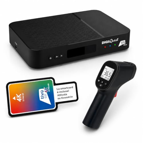 DIGIQUEST AX3_tivùsat UNIVERSALE con Termometro Laser incluso |COMBO 4K con Triplo Tuner DVB-T2 HEVC Main10,DVB-S2 Powered by Android TV™ |Controllo vocale |Google Cast™ |Smartcard tivùsat Inclusa