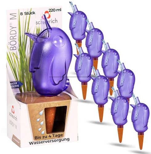 Scheurich Wasserspender Bördy M | 8 x Lila | 220ml Füllmenge | Bewässerungskugeln klein mit Ton Fuß | Wasserspender Pflanzen und Blumen Terrakotta Stiel