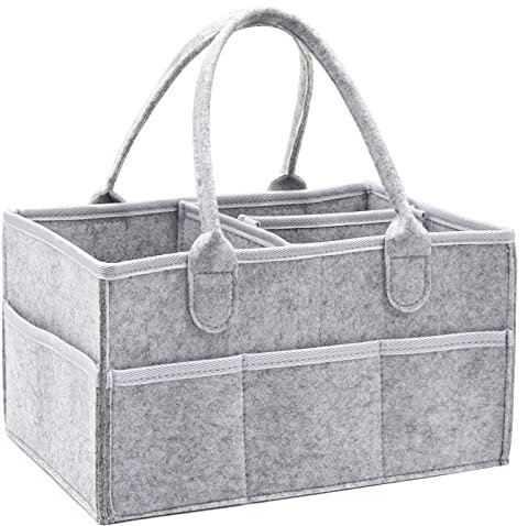Yueshop Luxury Nappy Caddy Organiser, Upgrade Sturdy Felt Newborn Diaper Caddy Nursery Portable Storage Wipe Bag Detachable Paste Dividers Nappy Caddy Basket Gift For Mum to Be(Upgrade- Grey)