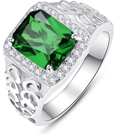 Bonlavie Emerald Rings for Man Fashion Emerald Cut 8 * 10mm Simulated Emerald Signet Rings Round Cut White Cubic Zirconia CZ Silver Wedding Bands Size T 1/2