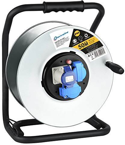 Electraline 49057 Avvolgicavo, Avvolgi-Prolunghe Senza Cavo in Metallo antiruggine per Uso Professionale, con 2 Prese Schuko + 1 Industriale IEC. Maniglia eronomica + Pomello Rotante