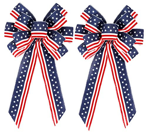 2 Pack 4th of July Decor Bow for Wreath,Red White Blue Stripe Stars Tree Topper Bows for Patriotic,Independence Day,Memorial Day,Veteran's Day,Front Door Indoor Outdoor Decorations