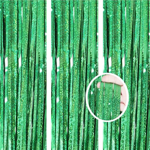 AILEXI 3 Pack 3.2ft*8.2ft Metallic Tinsel Curtains Foil Fringe Shimmer Streamers Curtain Door Window Decoration for Party Supplies - Laser Green