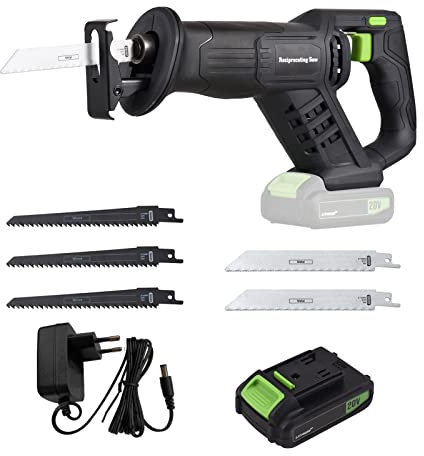 Scie sabre sans fil 20 V à vitesse variable 3000 spm Scie à main électrique avec batterie de 2,0 Ah Chargeur rapide 5 lames de scie 6 pouces pour couper le bois, les tuyaux en PVC, le métal