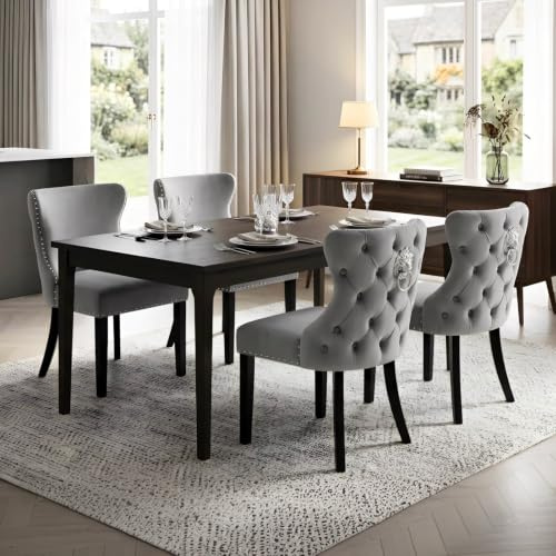 chairus Vintage Esszimmerstuhl 4er-Set, mit Samtbezug, Holzbeine, Grau | Elegante armlose Küchenstühle mit weichem Samtbezug und Massivholzbeinen, klasische Löwenkopf-Deko, für Wohnzimmer/Esszimmer