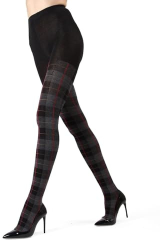 MeMoi Glasgow karierte Baumwollstrumpfhose für Damen, gemütlich, warm und modisch, gemustert, Größen S bis 6X, Schwarz, 1X-2X