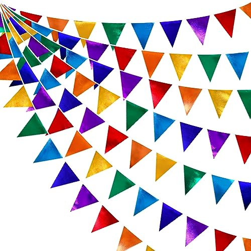 Regenbogen-Wimpelkette, Banner, bunte Party-Dekorationen, metallischer Stoff, dreieckige Flagge, Wimpel, Girlande, Luftschlangen für Karneval, Regenbogen, Fiesta, Weihnachten, Geburtstag, Hochzeit,
