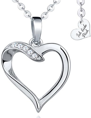 Damen Halskette 925 Silber Zirkonia Kette mit Herz Anhänger Ich liebe Dich Herzkette Schmuck 45-50cm Geschenk für Damen Frauen Freundin Liebesgeschenk