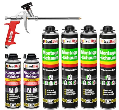 Isolbau Bauschaum-Set - Inkl. 4 x 1K Montageschaum B2 Pistolenschaum mit hervorragender Schall und Wärmedämmung (je 750 ml), 2 x PU-Schaum-Reiniger (500 ml) & 1 x Schaumpistole, Verfüllen