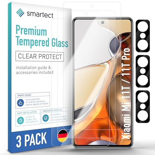 smartect Schutzglas [3 + 3 Stück, Klar] kompatibel mit Xiaomi Mi 11T / 11T Pro, Display + Kamera, HD Schutzfolie Anti-Kratzer, Blasenfrei, 9H Härte, 0.3 mm Ultra-klar, Ultrabeständig