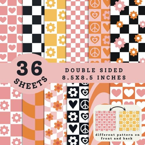 Boho Retro Checkerboard Scrapbook Paper Double Sided 8.5x8.5 inch, 36 Sheets Groovy Wavy Floral Paper Pad, Decorative Paper For DIY, Chessboard ... Projects, Memory Books,12 60s and 70s Designs