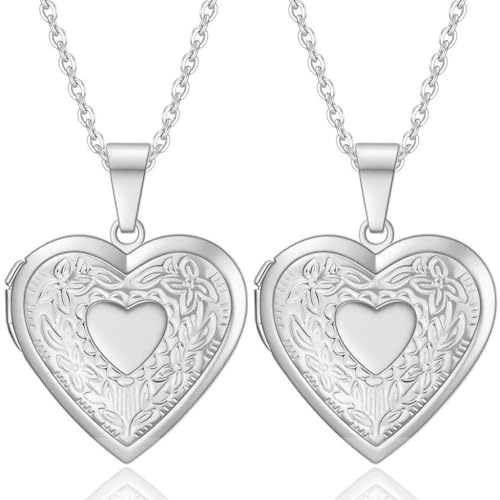 Kawailay 2 Pcs Heart Locket Necklace that Holds Pictures Stainless Steel Heart Shaped Locket Pendant Necklace Love Heart Image Chain Necklaces for Women - Style 1