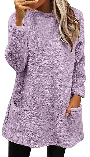 Generisch Pullover Damen Lang Teddy Fleece Flauschig Pulli Weich Winter Warm Sweatshirt Ohne Kapuze Oversize Casual Langarm Fleecepulli Lose Plüsch Pulli Tops Lockeres Oberteile Mit Taschen