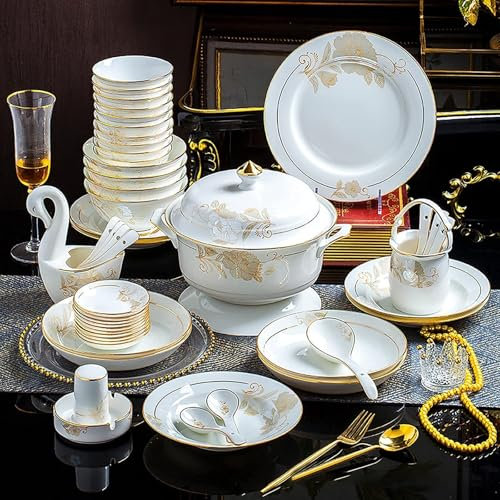 70 Pieces Dinnerware Set for 10, White Porcelain Kitchen Bone China Dinner Combi-Set with Cereal Bowls Dessert Plates Dishes and Soup Plates Dinner Plates and Soup Pot with Gold Ri